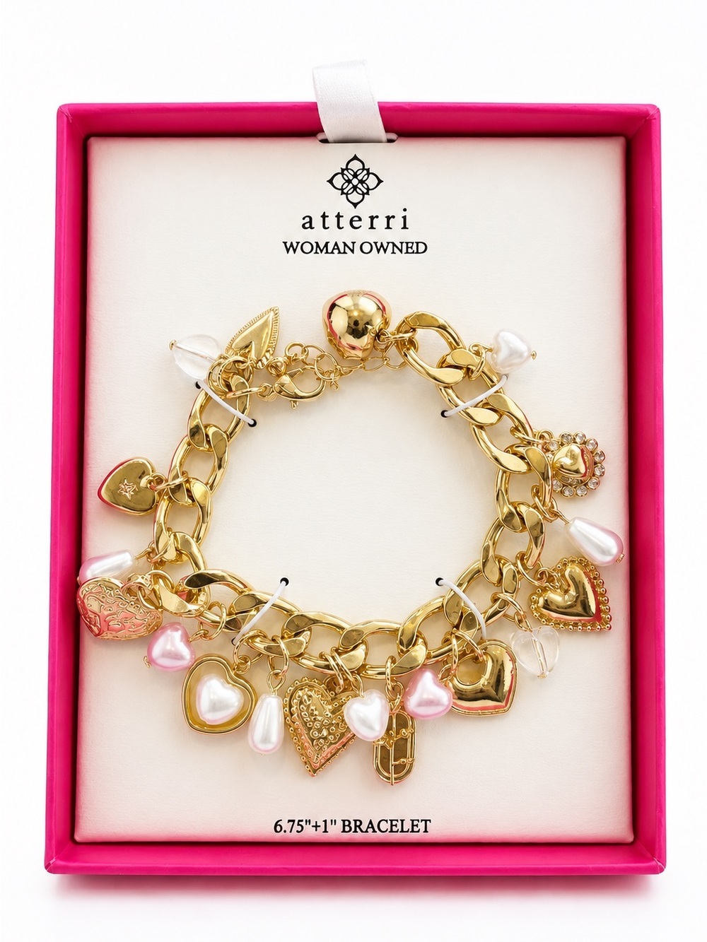 Atterri Gold Charm Bracelet with Pink Pearls Hearts Gift Boxed NWT